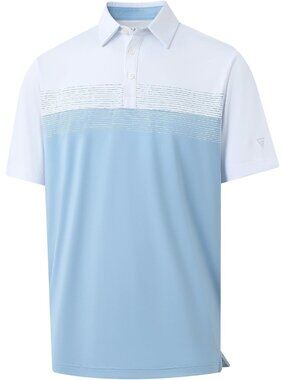 Men A- White/Dusty Blue Dry Fit Polo Shirt Color Block Chest Print Moisture Wick